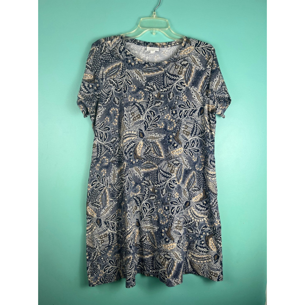 J.Jill Pure Jill Women’s L Petite Navy Beige Leaf Print Short Sleeve Dress Pocke